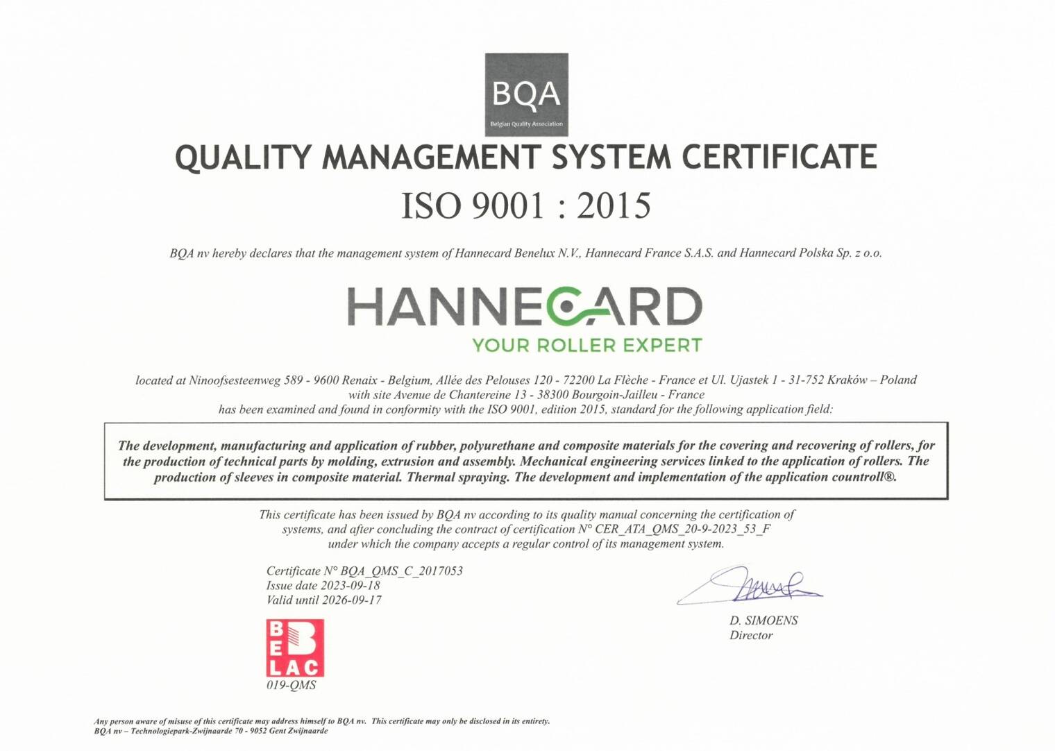 Hannecard certifié ISO 9001:2015